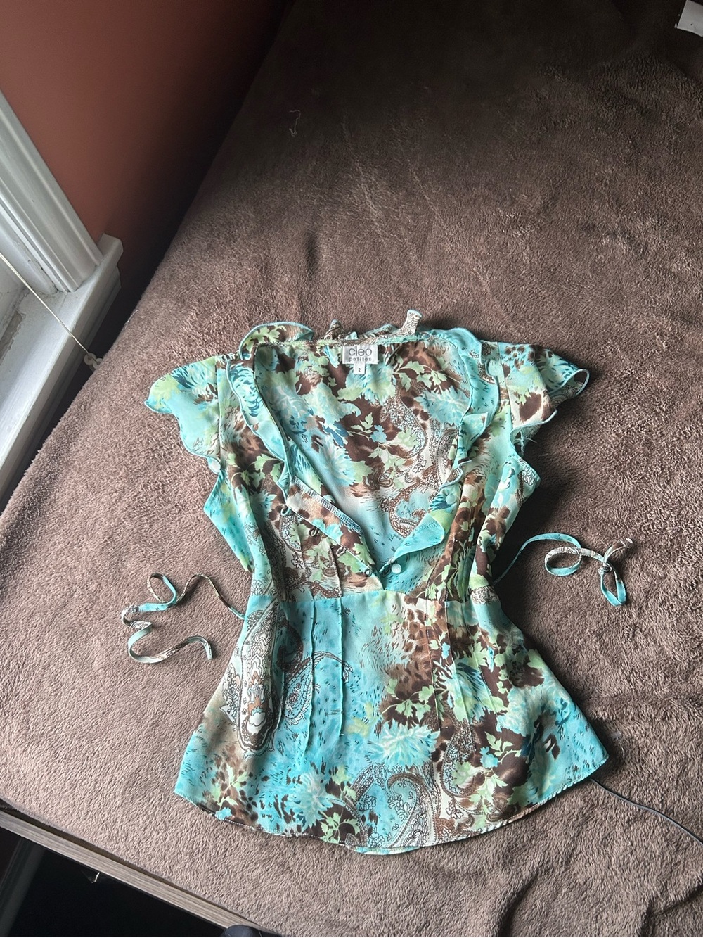 y2k Cleo Teal and Brown Floral Wrap Blouse